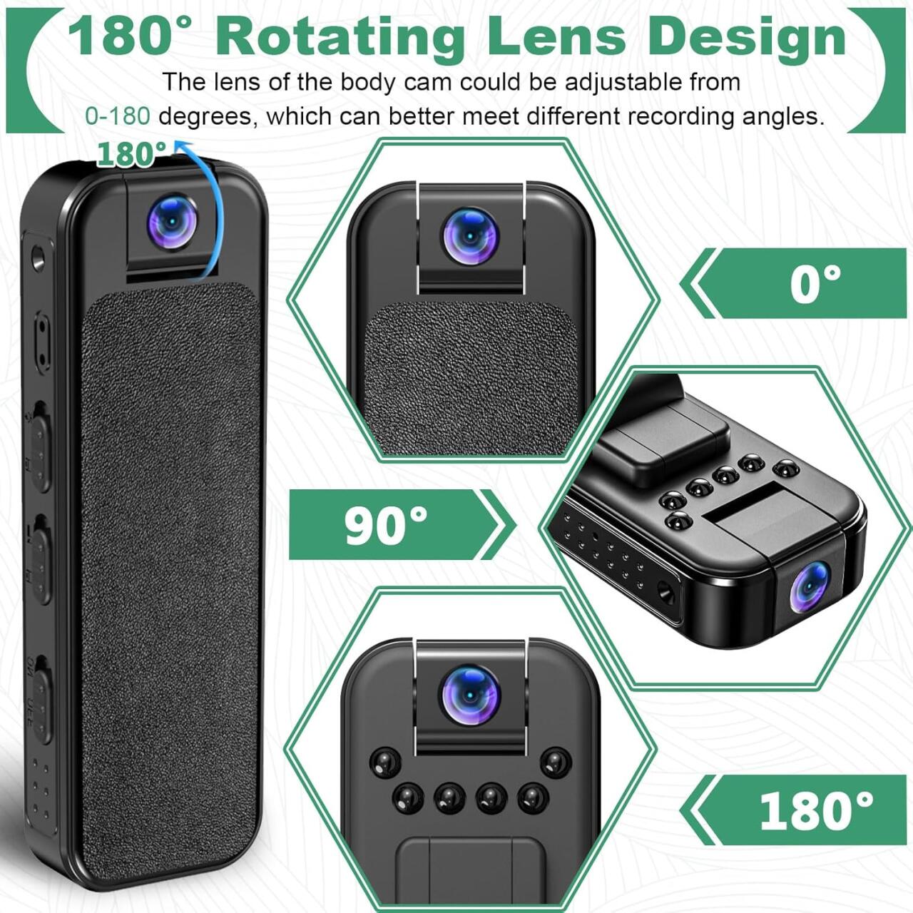 HKFUG Mini Cámara Corporal HD 1080P con Lente Giratoria de 180°